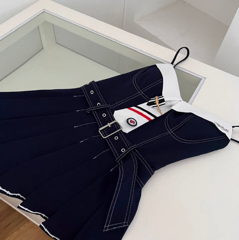 Denim Patchwork Dress with White Cape 2Pcs