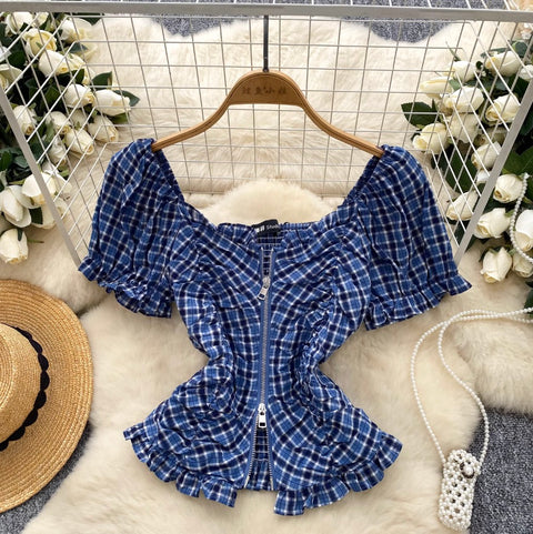 Plaid Printed Pleated Zipped Top