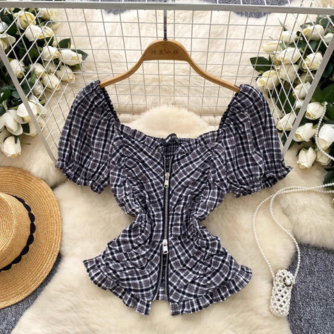 Plaid Printed Pleated Zipped Top