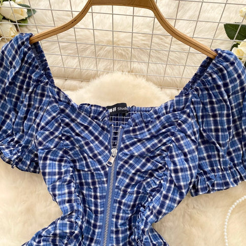 Plaid Printed Pleated Zipped Top
