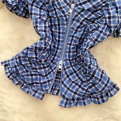 Plaid Printed Pleated Zipped Top