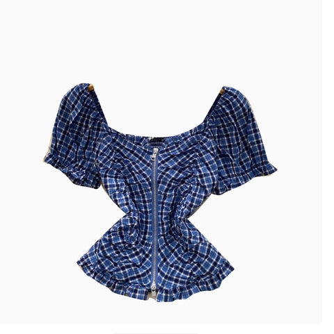 Plaid Printed Pleated Zipped Top