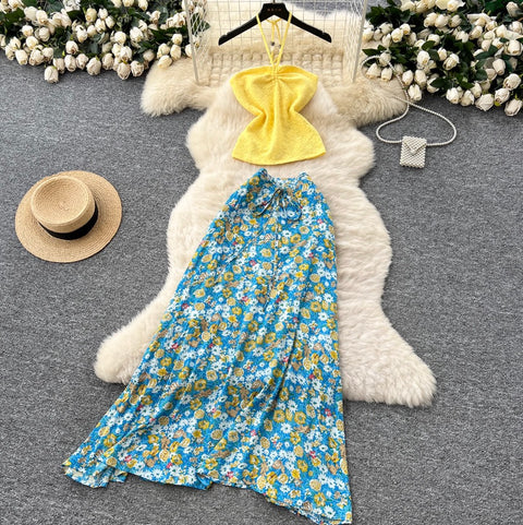 Halter Top & Floral Skirt 2Pcs
