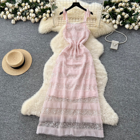 Sequined Pink Mesh Slip Dress