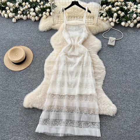 Sequined Pink Mesh Slip Dress