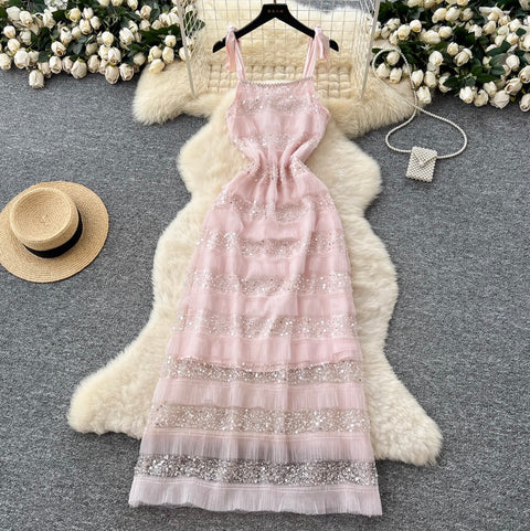 Sequined Pink Mesh Slip Dress