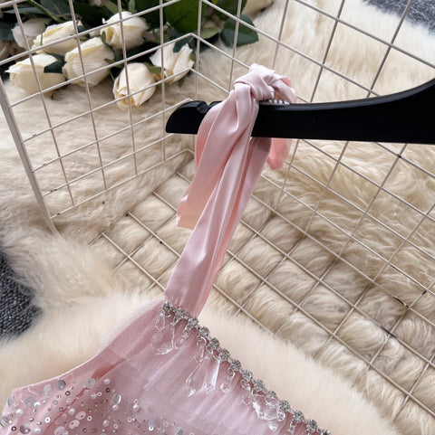 Sequined Pink Mesh Slip Dress