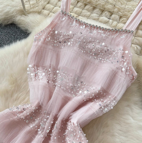 Sequined Pink Mesh Slip Dress