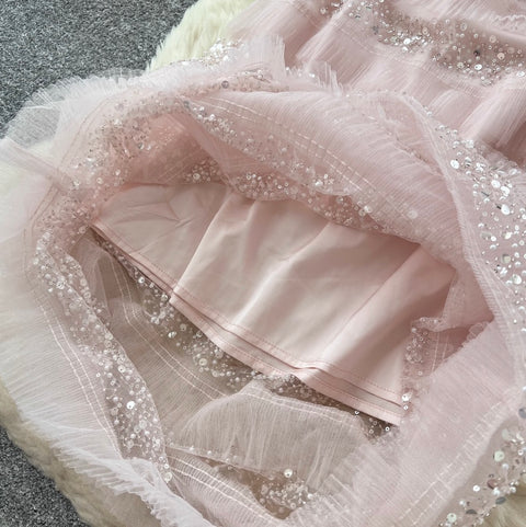 Sequined Pink Mesh Slip Dress