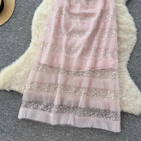 Sequined Pink Mesh Slip Dress