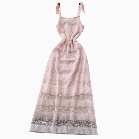 Sequined Pink Mesh Slip Dress