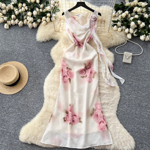 Draped Neckline Floral Printed Dress