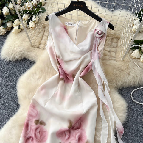 Draped Neckline Floral Printed Dress