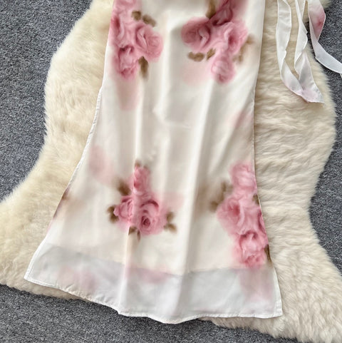 Draped Neckline Floral Printed Dress