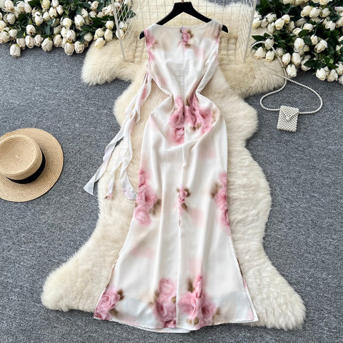 Draped Neckline Floral Printed Dress