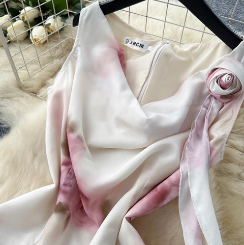 Draped Neckline Floral Printed Dress