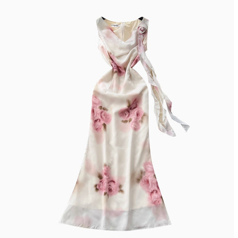 Draped Neckline Floral Printed Dress