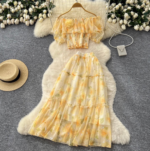 Off-shoulder Top & Skirt Floral 2Pcs