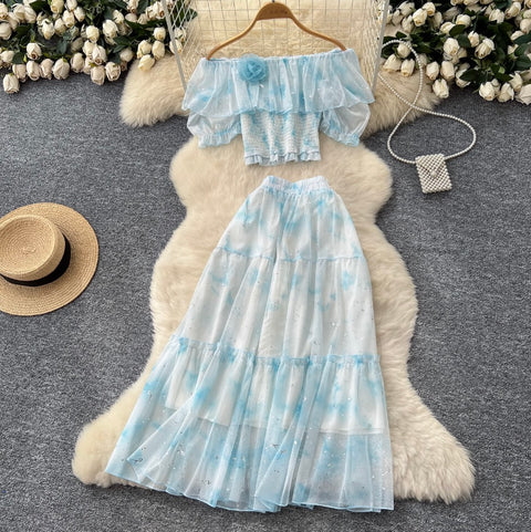 Off-shoulder Top & Skirt Floral 2Pcs