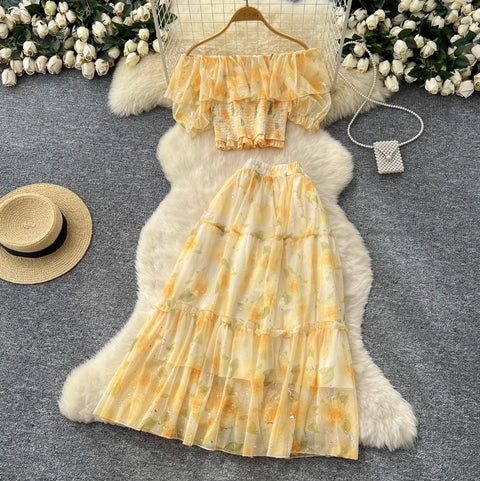 Off-shoulder Top & Skirt Floral 2Pcs