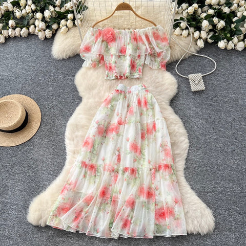 Off-shoulder Top & Skirt Floral 2Pcs