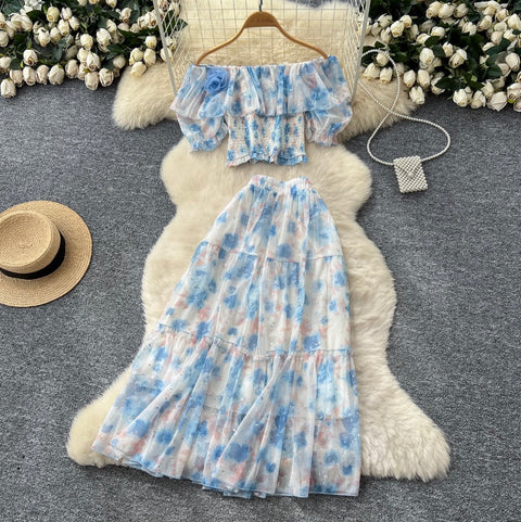 Off-shoulder Top & Skirt Floral 2Pcs