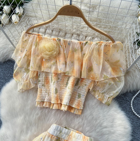 Off-shoulder Top & Skirt Floral 2Pcs