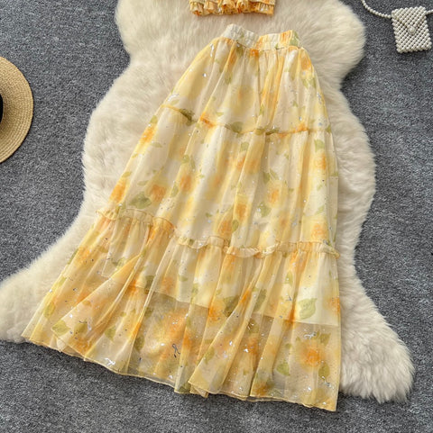 Off-shoulder Top & Skirt Floral 2Pcs