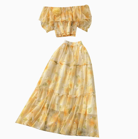 Off-shoulder Top & Skirt Floral 2Pcs