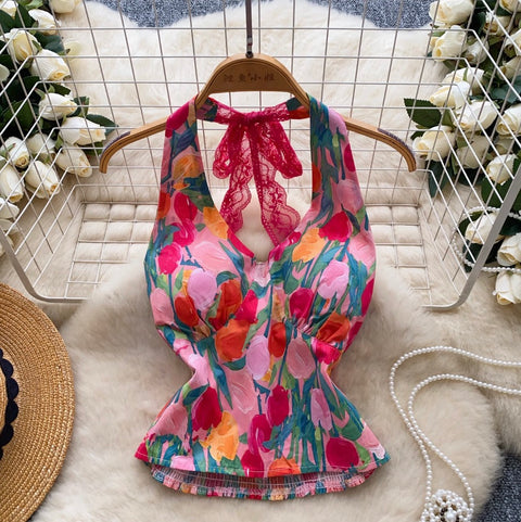 Sexy Lace Halter Floral Top
