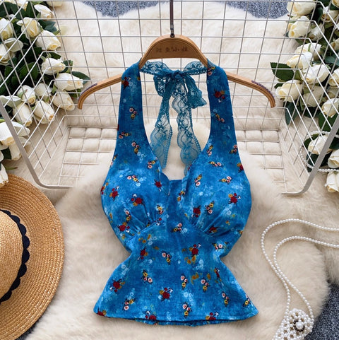 Sexy Lace Halter Floral Top