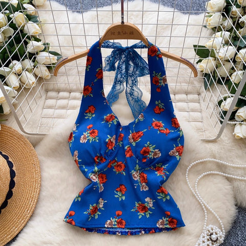 Sexy Lace Halter Floral Top