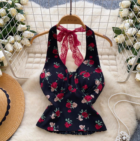 Sexy Lace Halter Floral Top