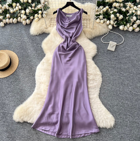 Draped Neckline Sleeveless Satin Dress