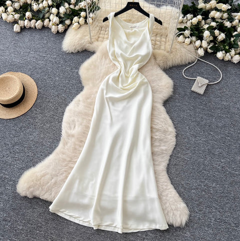 Draped Neckline Sleeveless Satin Dress