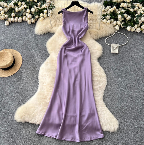 Draped Neckline Sleeveless Satin Dress