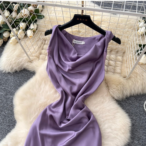 Draped Neckline Sleeveless Satin Dress