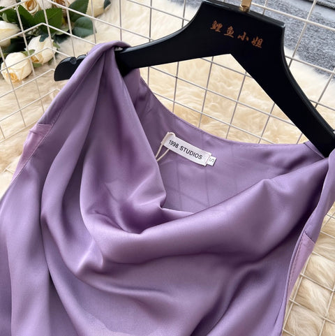 Draped Neckline Sleeveless Satin Dress