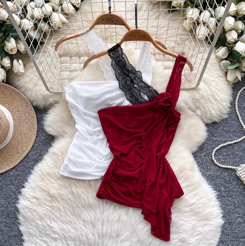 Sexy Asymmetric Lace Ruffled Camisole