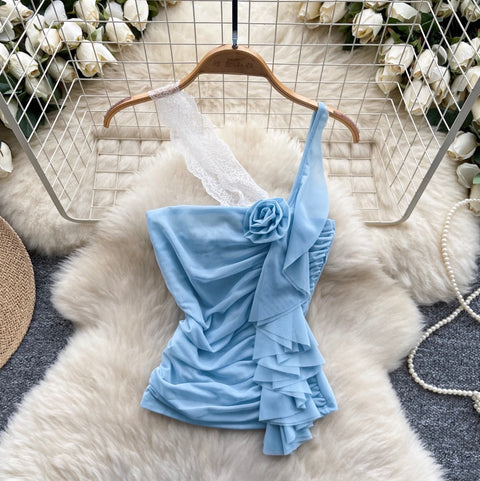 Sexy Asymmetric Lace Ruffled Camisole