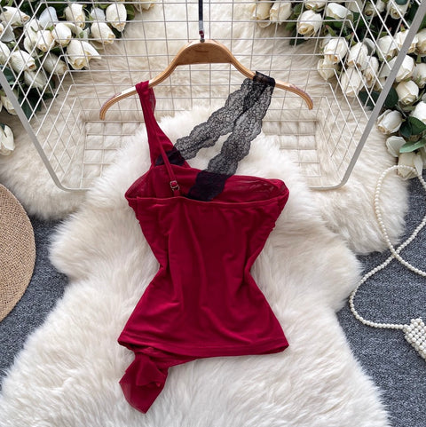 Sexy Asymmetric Lace Ruffled Camisole