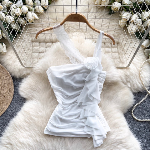 Sexy Asymmetric Lace Ruffled Camisole