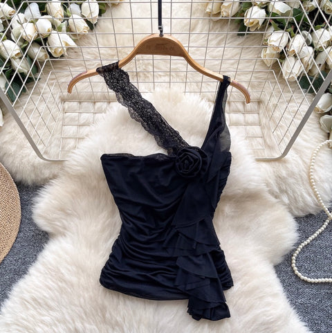 Sexy Asymmetric Lace Ruffled Camisole