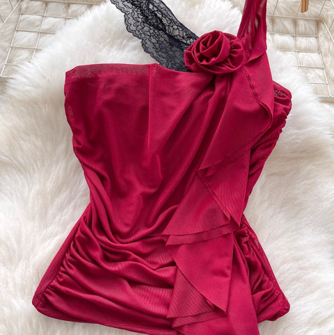 Sexy Asymmetric Lace Ruffled Camisole