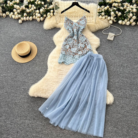Embroidered Lace Camisole & Mesh Skirt 2Pcs