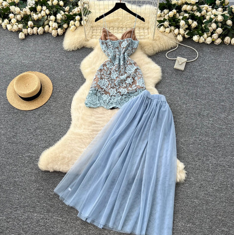 Embroidered Lace Camisole & Mesh Skirt 2Pcs
