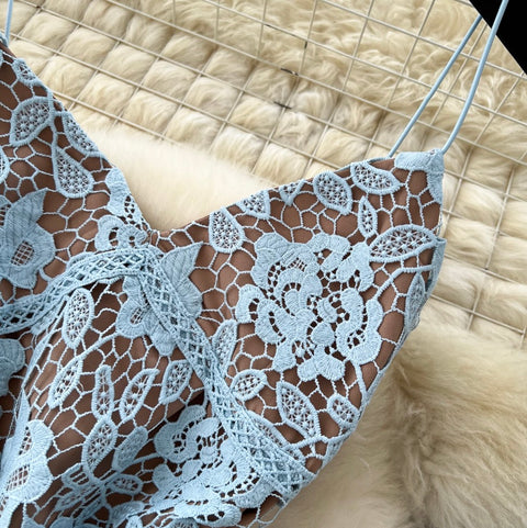 Embroidered Lace Camisole & Mesh Skirt 2Pcs
