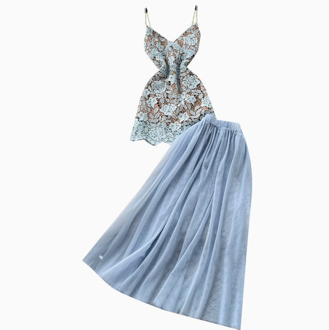 Embroidered Lace Camisole & Mesh Skirt 2Pcs