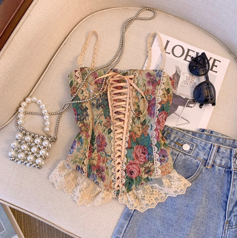 Oil Painting Floral Lace-up Top