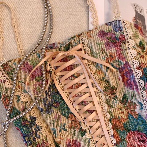 Oil Painting Floral Lace-up Top